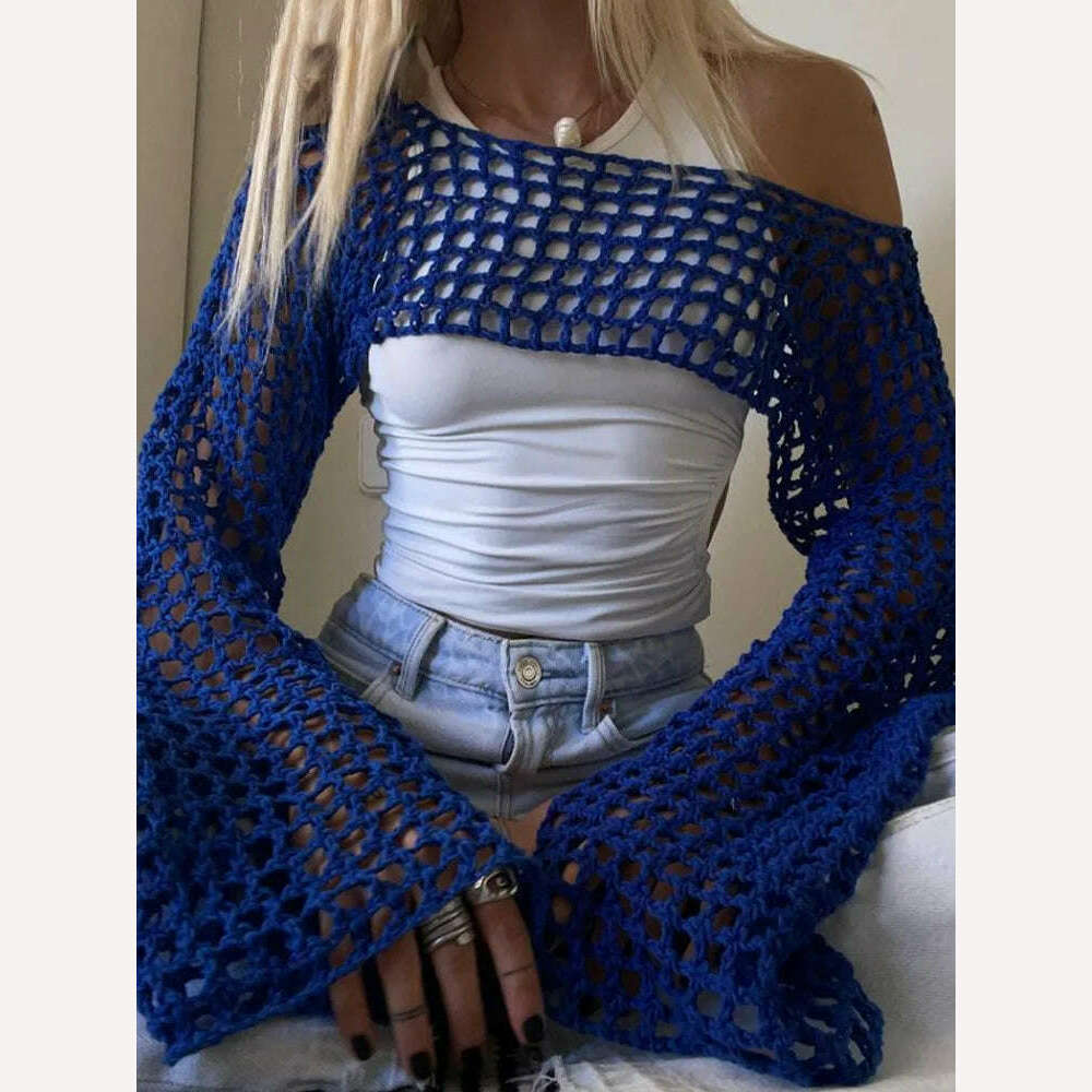 KIMLUD, 2023 Summer Y2k Crochet Knit Hollow Out Tops Vintage Mesh Top Grunge Clothes 2000s Aesthetic Mesh Sweatshirt Crop Top for Women, Dark blue / S, KIMLUD Womens Clothes