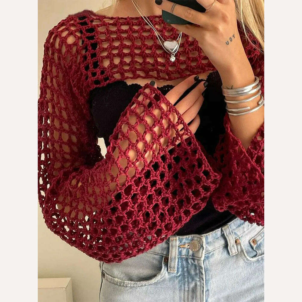 KIMLUD, 2023 Summer Y2k Crochet Knit Hollow Out Tops Vintage Mesh Top Grunge Clothes 2000s Aesthetic Mesh Sweatshirt Crop Top for Women, Wine red / S, KIMLUD Womens Clothes