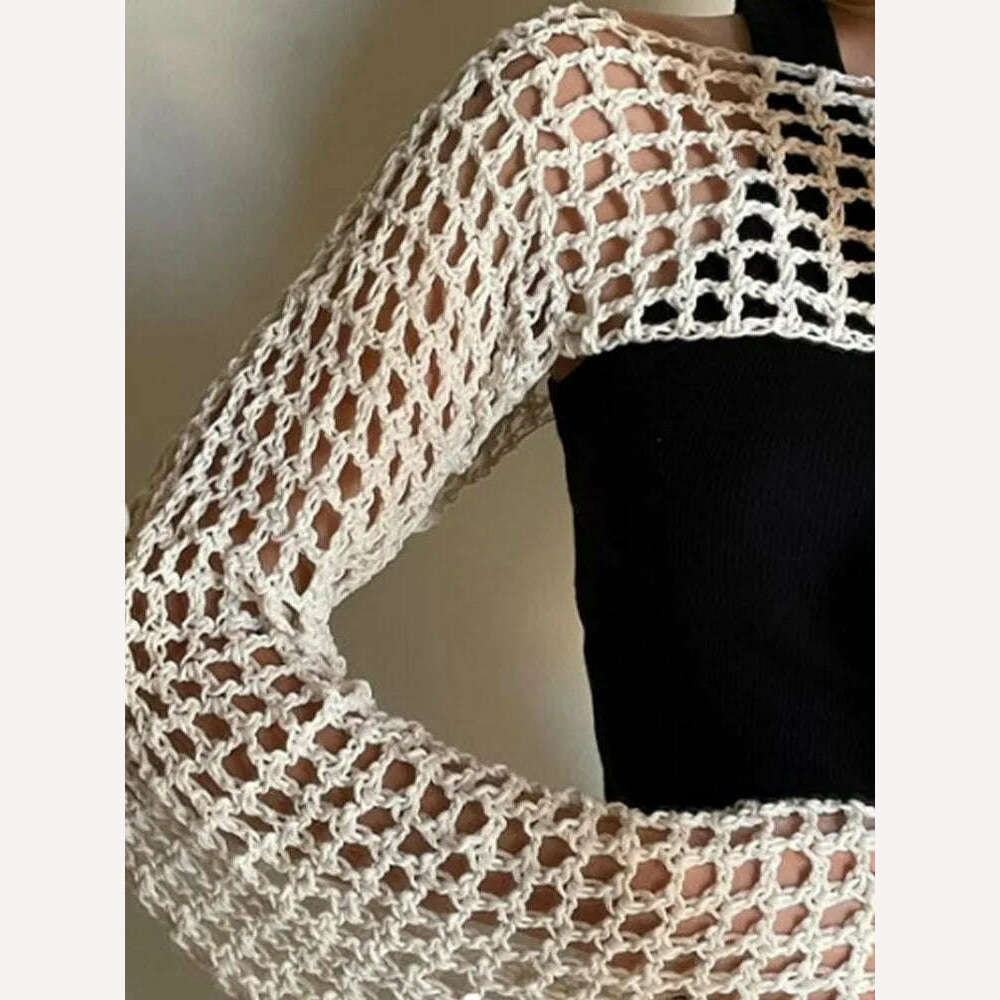 KIMLUD, 2023 Summer Y2k Crochet Knit Hollow Out Tops Vintage Mesh Top Grunge Clothes 2000s Aesthetic Mesh Sweatshirt Crop Top for Women, Beige / S, KIMLUD Womens Clothes