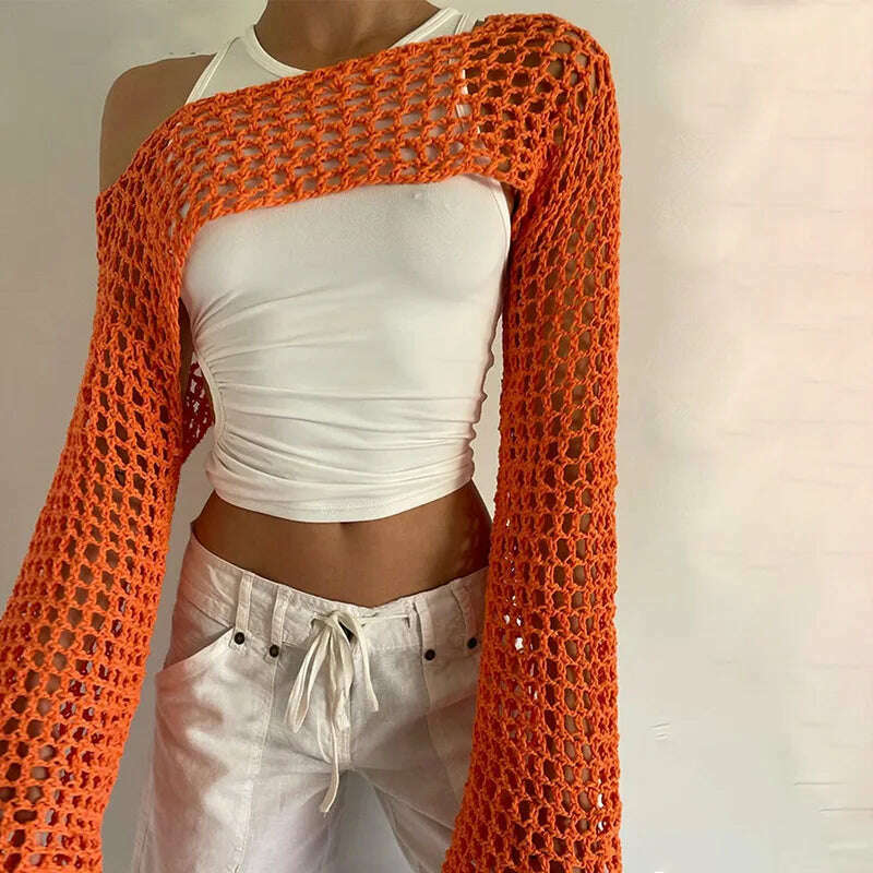 KIMLUD, 2023 Summer Y2k Crochet Knit Hollow Out Tops Vintage Mesh Top Grunge Clothes 2000s Aesthetic Mesh Sweatshirt Crop Top for Women, Orange / S, KIMLUD Womens Clothes