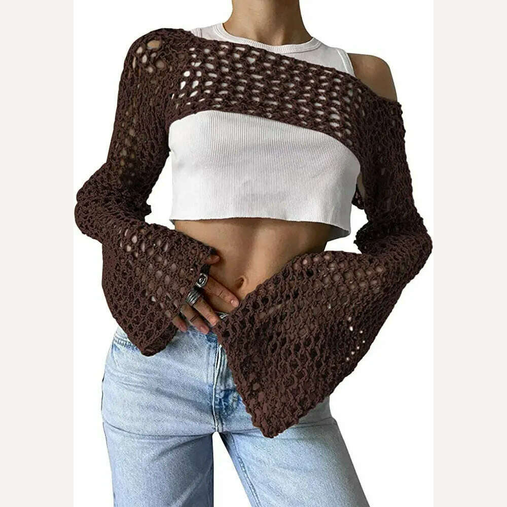 KIMLUD, 2023 Summer Y2k Crochet Knit Hollow Out Tops Vintage Mesh Top Grunge Clothes 2000s Aesthetic Mesh Sweatshirt Crop Top for Women, Coffee / S, KIMLUD Womens Clothes