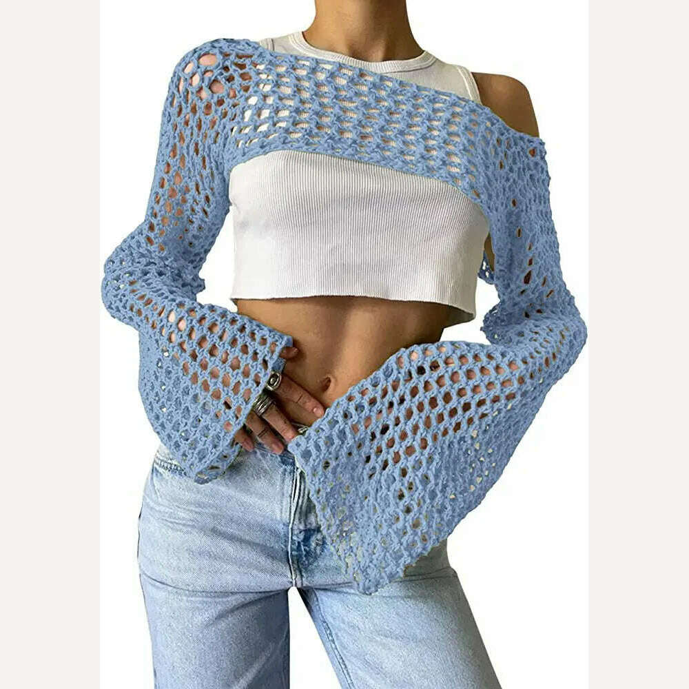 KIMLUD, 2023 Summer Y2k Crochet Knit Hollow Out Tops Vintage Mesh Top Grunge Clothes 2000s Aesthetic Mesh Sweatshirt Crop Top for Women, Light blue / S, KIMLUD Womens Clothes
