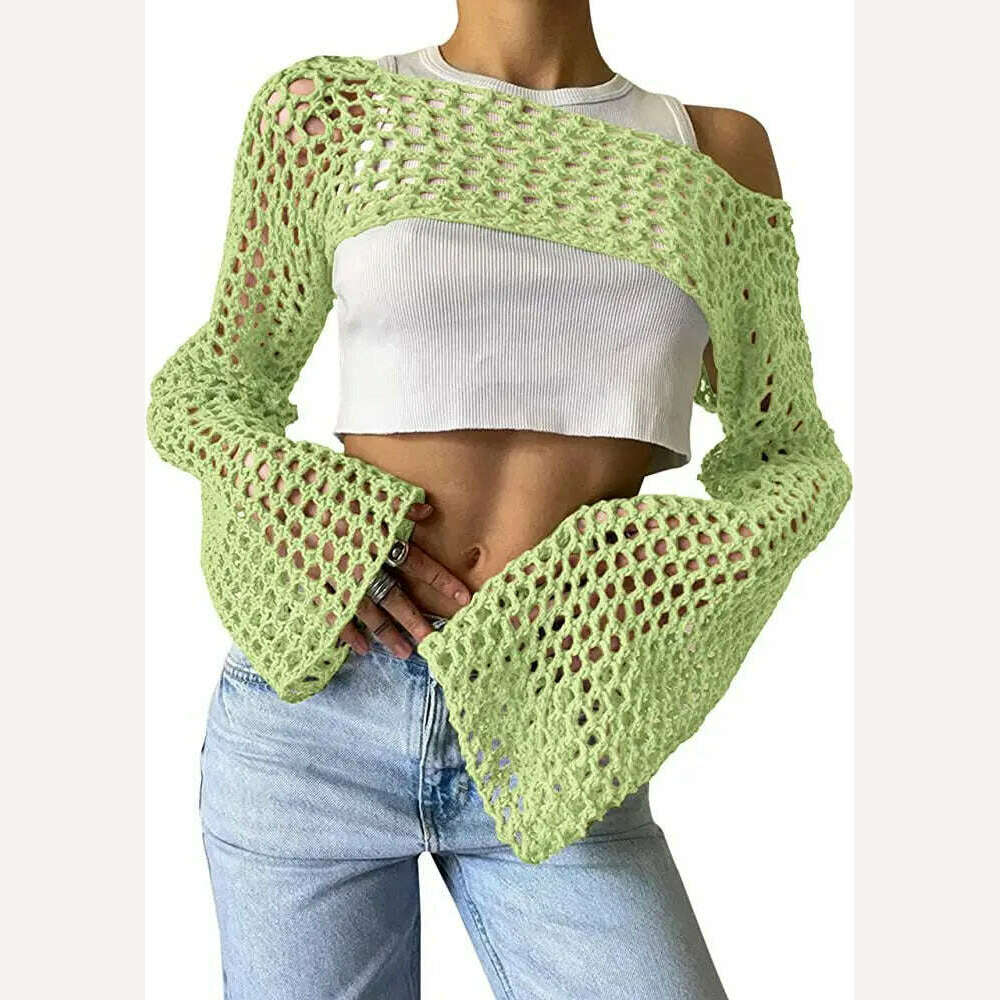 KIMLUD, 2023 Summer Y2k Crochet Knit Hollow Out Tops Vintage Mesh Top Grunge Clothes 2000s Aesthetic Mesh Sweatshirt Crop Top for Women, Light green / S, KIMLUD Womens Clothes
