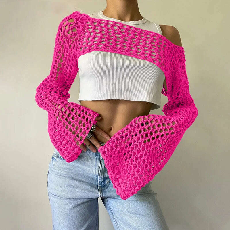 KIMLUD, 2023 Summer Y2k Crochet Knit Hollow Out Tops Vintage Mesh Top Grunge Clothes 2000s Aesthetic Mesh Sweatshirt Crop Top for Women, Rose pink / S, KIMLUD Womens Clothes