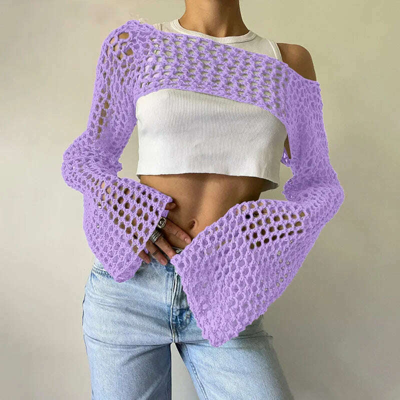 KIMLUD, 2023 Summer Y2k Crochet Knit Hollow Out Tops Vintage Mesh Top Grunge Clothes 2000s Aesthetic Mesh Sweatshirt Crop Top for Women, Light purple / S, KIMLUD Womens Clothes