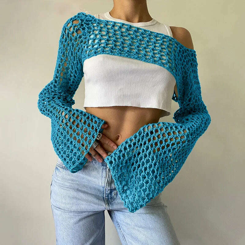 KIMLUD, 2023 Summer Y2k Crochet Knit Hollow Out Tops Vintage Mesh Top Grunge Clothes 2000s Aesthetic Mesh Sweatshirt Crop Top for Women, Peacock blue / S, KIMLUD Womens Clothes