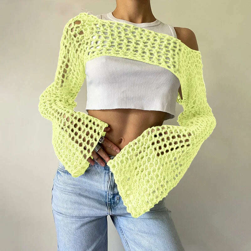 KIMLUD, 2023 Summer Y2k Crochet Knit Hollow Out Tops Vintage Mesh Top Grunge Clothes 2000s Aesthetic Mesh Sweatshirt Crop Top for Women, Light yellow / S, KIMLUD Womens Clothes