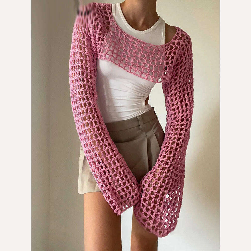 KIMLUD, 2023 Summer Y2k Crochet Knit Hollow Out Tops Vintage Mesh Top Grunge Clothes 2000s Aesthetic Mesh Sweatshirt Crop Top for Women, KIMLUD Womens Clothes