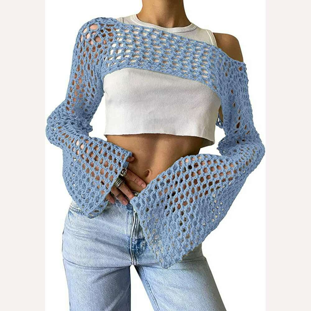 KIMLUD, 2023 Summer Y2k Crochet Knit Hollow Out Tops Vintage Mesh Top Grunge Clothes 2000s Aesthetic Mesh Sweatshirt Crop Top for Women, KIMLUD Womens Clothes