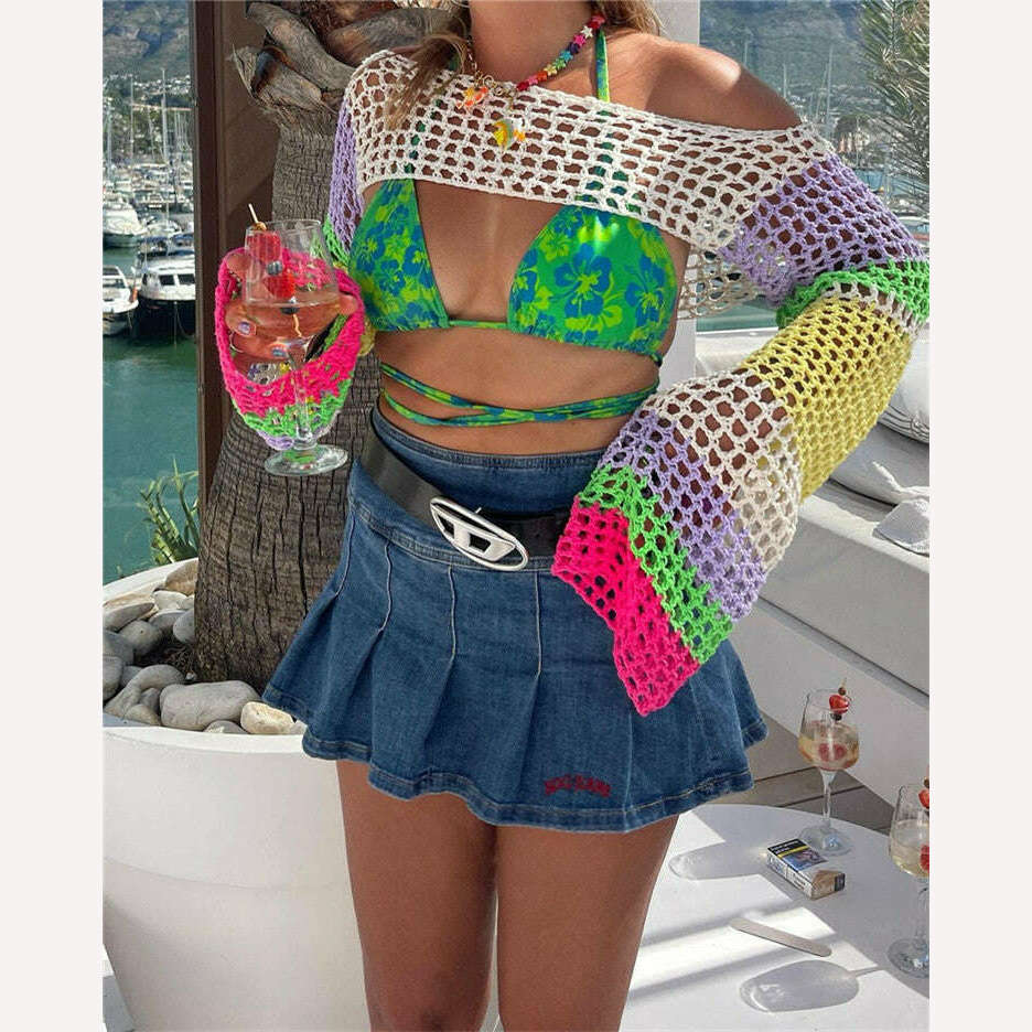 KIMLUD, 2023 Summer Y2k Crochet Knit Hollow Out Tops Vintage Mesh Top Grunge Clothes 2000s Aesthetic Mesh Sweatshirt Crop Top for Women, KIMLUD Womens Clothes