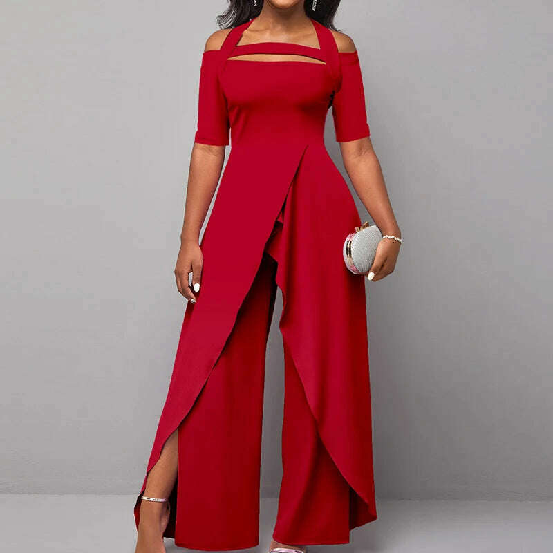 KIMLUD, 2023 Wide Leg Pants Printing Playsuits Women Summer Half Sleeve Fashion Loungewear Jumpsuits Patchwork Streetwear Dropshipping, 12 Solid Red / S, KIMLUD Womens Clothes