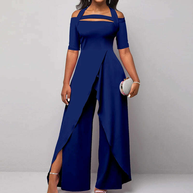 KIMLUD, 2023 Wide Leg Pants Printing Playsuits Women Summer Half Sleeve Fashion Loungewear Jumpsuits Patchwork Streetwear Dropshipping, 13 Solid Royal Blue / S, KIMLUD Womens Clothes