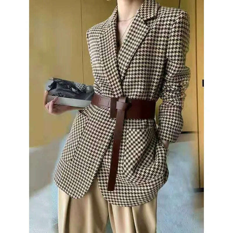 KIMLUD, 2023 Winter Coats Women Blazer Chic Elegant Woman Jacket Autumn Office Lady Casual Plaid Belt Oversize Blazer Women Clothing, KIMLUD Women's Clothes