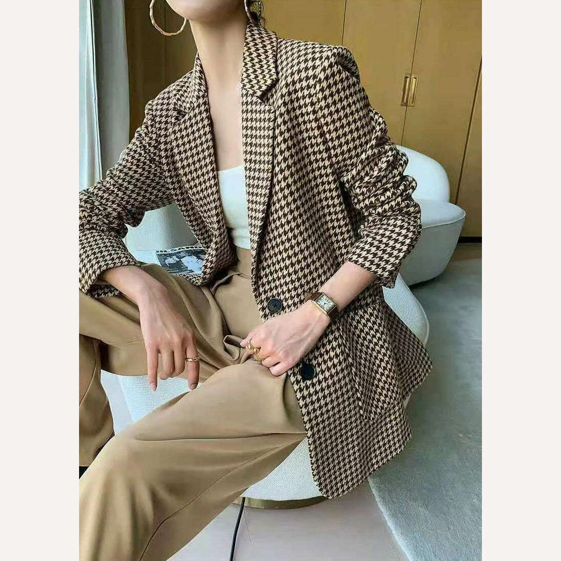 KIMLUD, 2023 Winter Coats Women Blazer Chic Elegant Woman Jacket Autumn Office Lady Casual Plaid Belt Oversize Blazer Women Clothing, KIMLUD Womens Clothes