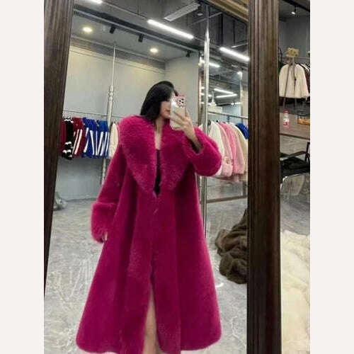 KIMLUD, 2023 Winter Fashion Fur Coat Women's High-End Luxury Mid-Length Fox Fur Collar Mink Fur Coats Warm Elegant Long Fur Jackets, Red / One Size, KIMLUD Womens Clothes