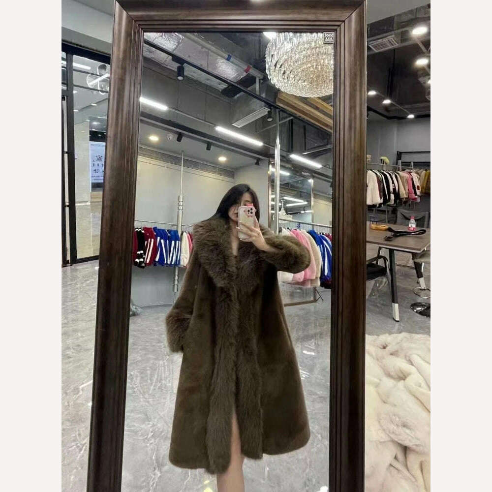 KIMLUD, 2023 Winter Fashion Fur Coat Women's High-End Luxury Mid-Length Fox Fur Collar Mink Fur Coats Warm Elegant Long Fur Jackets, KIMLUD Womens Clothes