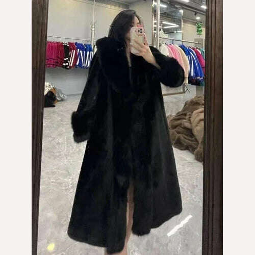 KIMLUD, 2023 Winter Fashion Fur Coat Women's High-End Luxury Mid-Length Fox Fur Collar Mink Fur Coats Warm Elegant Long Fur Jackets, black / One Size, KIMLUD Womens Clothes