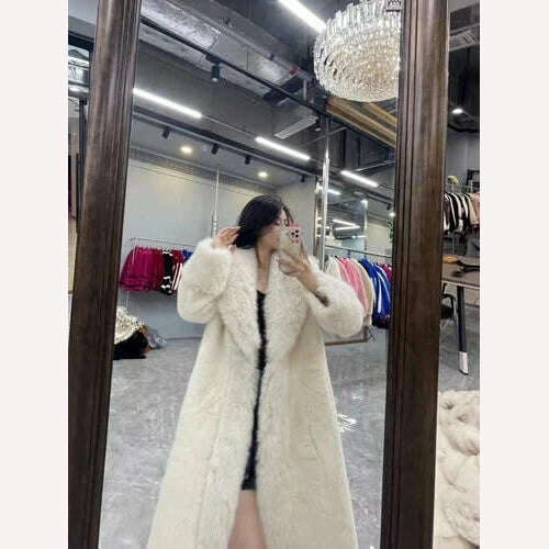 KIMLUD, 2023 Winter Fashion Fur Coat Women's High-End Luxury Mid-Length Fox Fur Collar Mink Fur Coats Warm Elegant Long Fur Jackets, Creamy-white / One Size, KIMLUD Womens Clothes