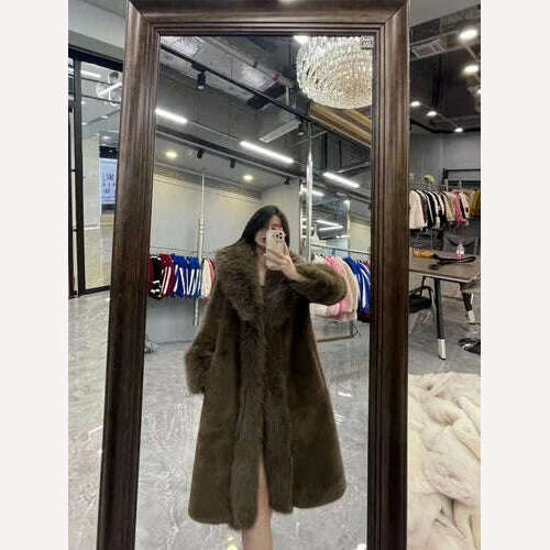 KIMLUD, 2023 Winter Fashion Fur Coat Women's High-End Luxury Mid-Length Fox Fur Collar Mink Fur Coats Warm Elegant Long Fur Jackets, Dark Brown / One Size, KIMLUD Womens Clothes