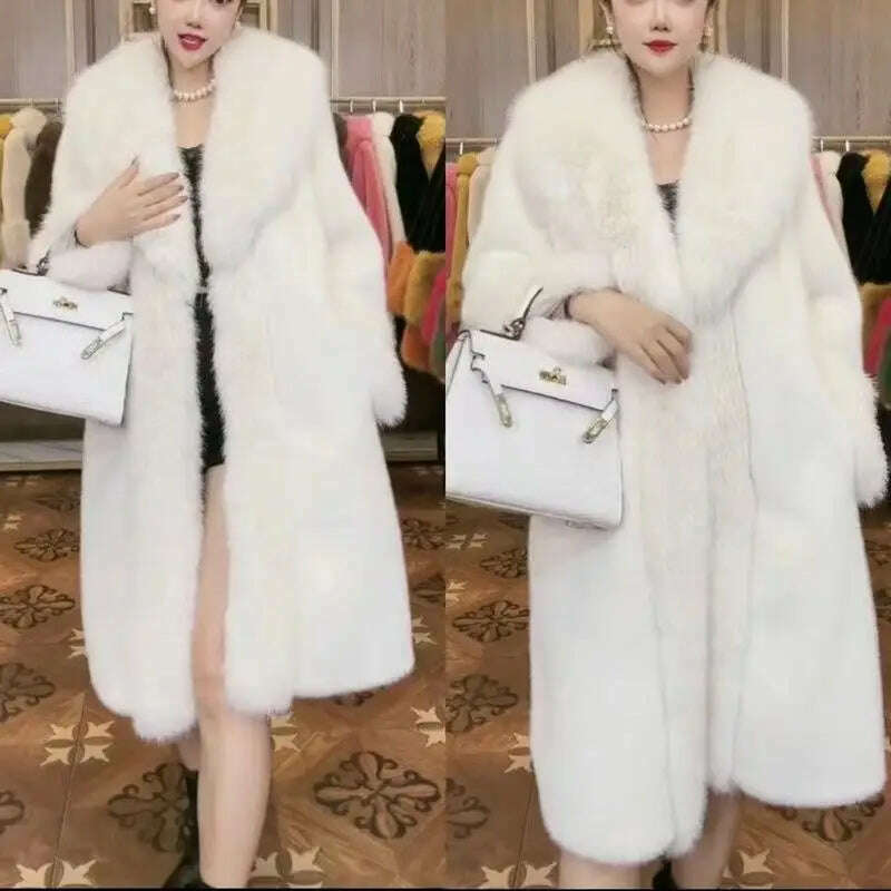 KIMLUD, 2023 Winter Fur Coat Women Thickened Artificial Fox Fur Mid Length Mink All Match Big Fur Collar Long Sleeved Female Outwear, KIMLUD Womens Clothes
