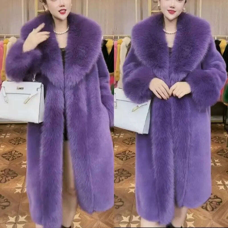 KIMLUD, 2023 Winter Fur Coat Women Thickened Artificial Fox Fur Mid Length Mink All Match Big Fur Collar Long Sleeved Female Outwear, KIMLUD Womens Clothes