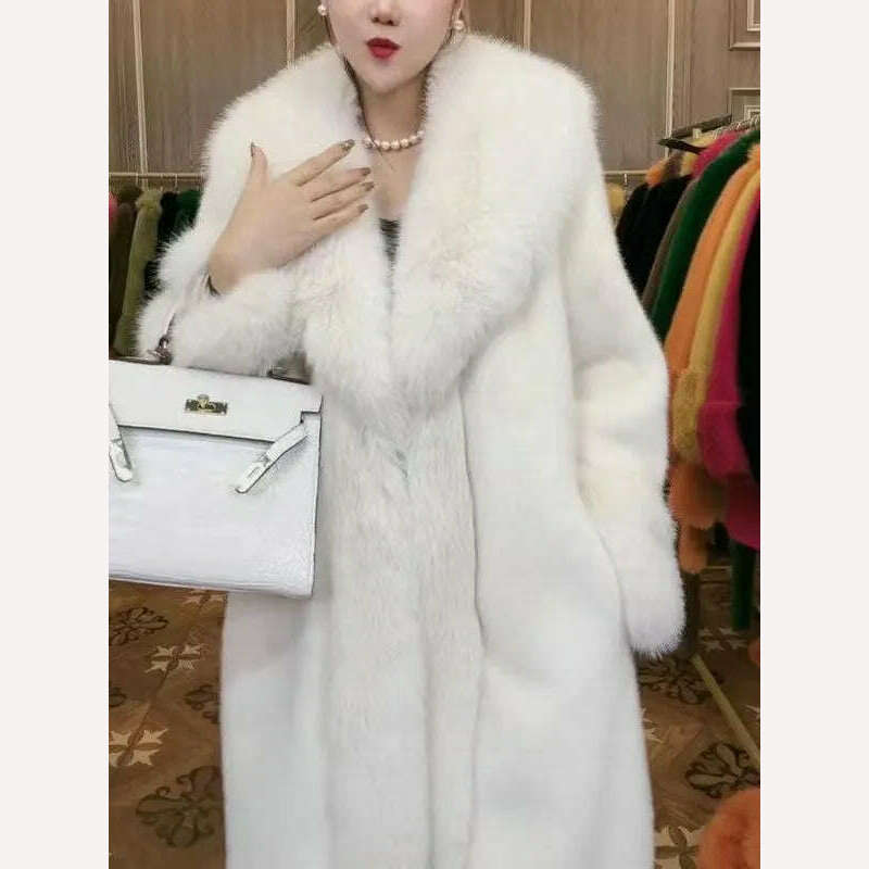 KIMLUD, 2023 Winter Fur Coat Women Thickened Artificial Fox Fur Mid Length Mink All Match Big Fur Collar Long Sleeved Female Outwear, white / S 35-40kg, KIMLUD Womens Clothes