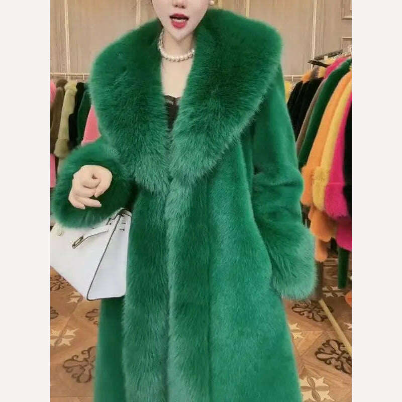 KIMLUD, 2023 Winter Fur Coat Women Thickened Artificial Fox Fur Mid Length Mink All Match Big Fur Collar Long Sleeved Female Outwear, green / S 35-40kg, KIMLUD Womens Clothes
