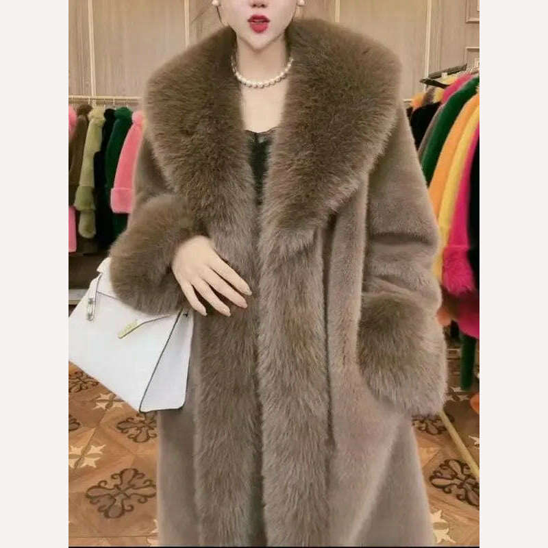 KIMLUD, 2023 Winter Fur Coat Women Thickened Artificial Fox Fur Mid Length Mink All Match Big Fur Collar Long Sleeved Female Outwear, coffee / S 35-40kg, KIMLUD Womens Clothes