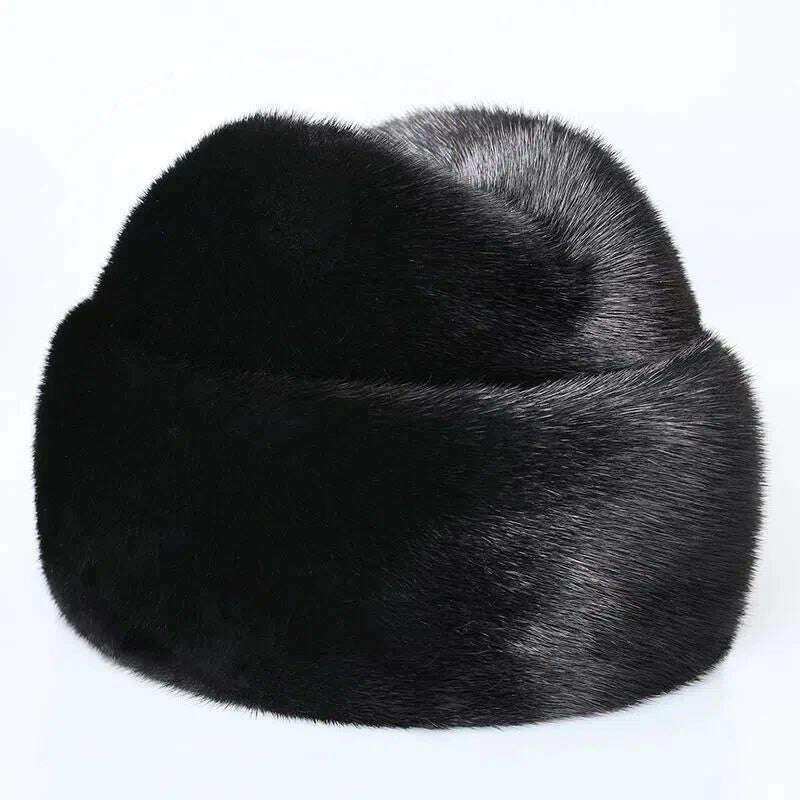 KIMLUD, 2023 Winter Unisex Top Real Mink Fur Bomber Hat Male Genuine Marten Head Warm Black/Brown Caps Best Gift For parent Gorras, KIMLUD Womens Clothes