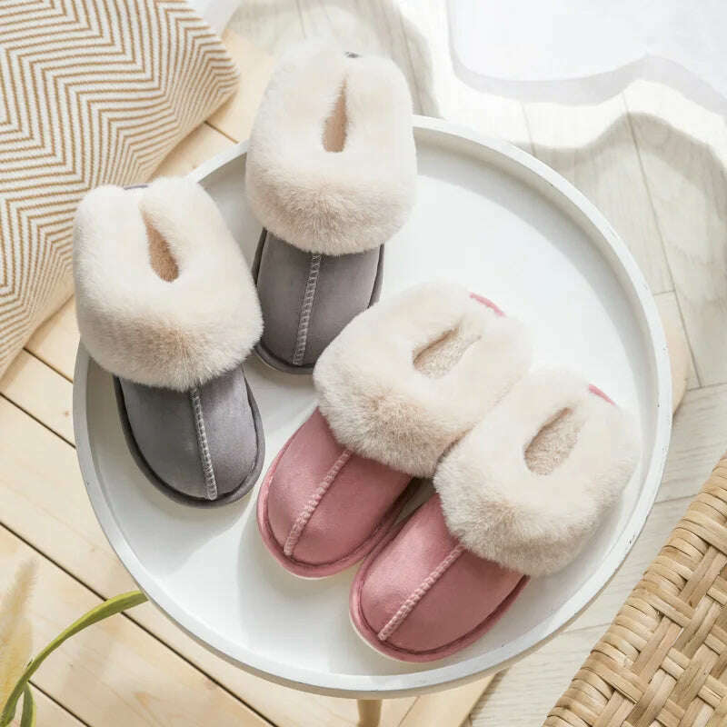 KIMLUD, 2023 Winter Warm Home Fur Slippers Women Luxury Faux Suede Plush Couple Cotton Shoes Indoor Bedroom Flat Heels Fluffy Slippers, KIMLUD Womens Clothes