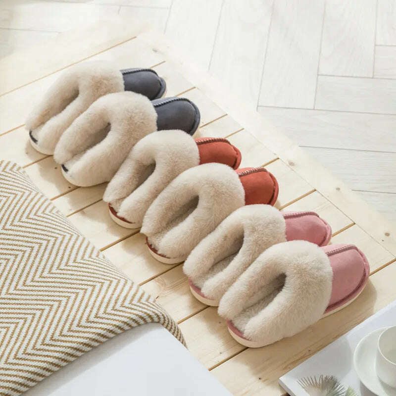 2023 Winter Warm Home Fur Slippers Women Luxury Faux Suede Plush Couple Cotton Shoes Indoor Bedroom Flat Heels Fluffy Slippers - KIMLUD