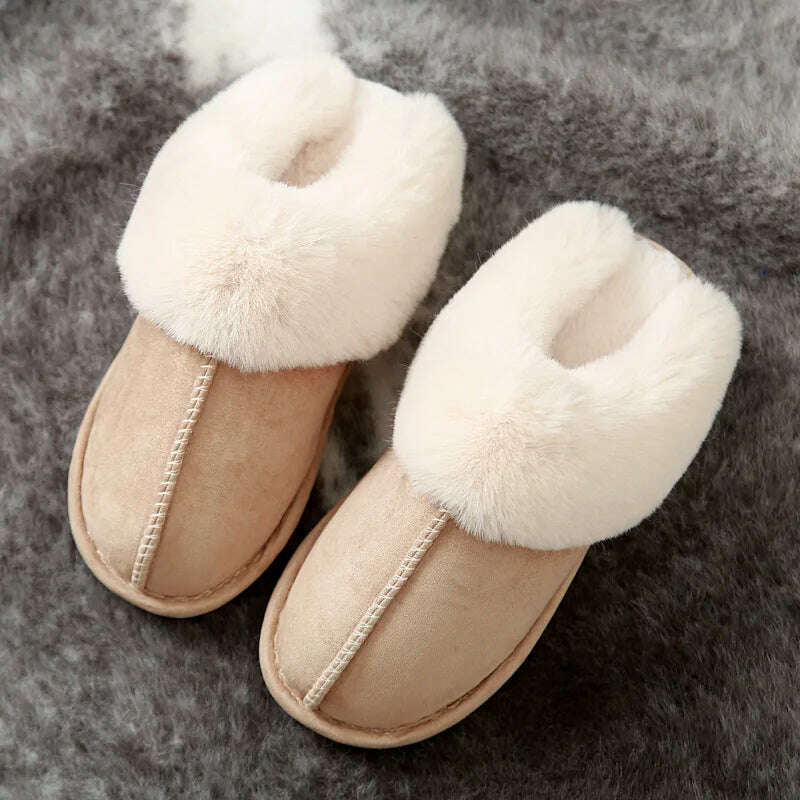 KIMLUD, 2023 Winter Warm Home Fur Slippers Women Luxury Faux Suede Plush Couple Cotton Shoes Indoor Bedroom Flat Heels Fluffy Slippers, KIMLUD Womens Clothes