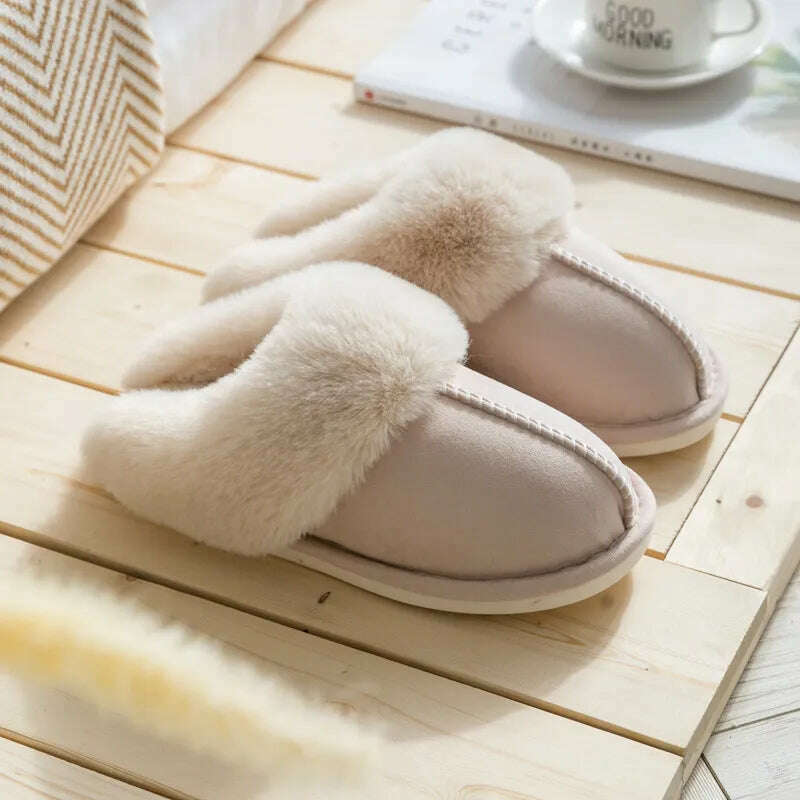 KIMLUD, 2023 Winter Warm Home Fur Slippers Women Luxury Faux Suede Plush Couple Cotton Shoes Indoor Bedroom Flat Heels Fluffy Slippers, Beige / 40-41(fit 38-39), KIMLUD Womens Clothes