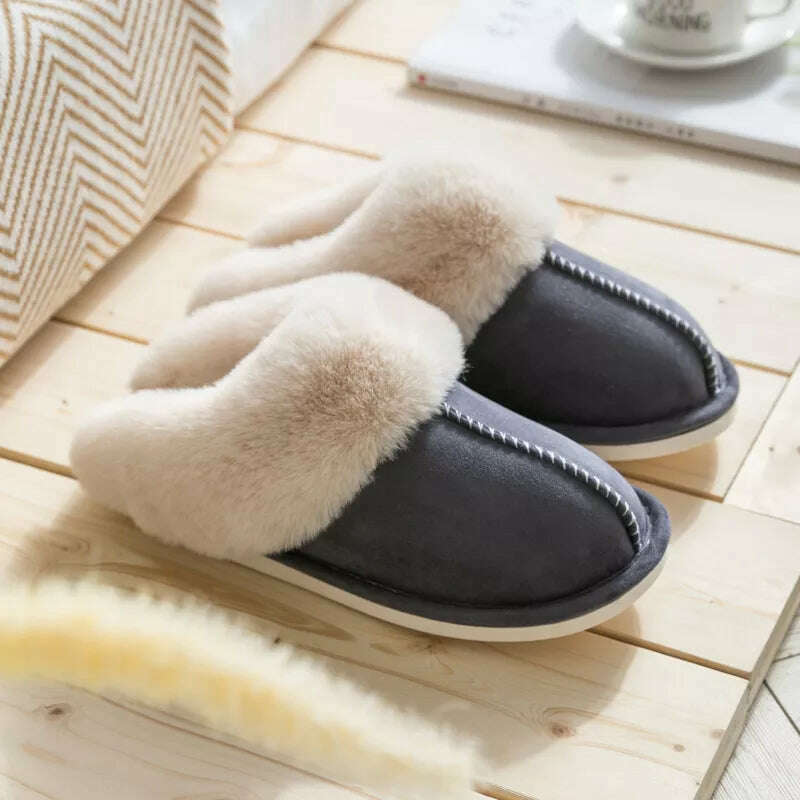 KIMLUD, 2023 Winter Warm Home Fur Slippers Women Luxury Faux Suede Plush Couple Cotton Shoes Indoor Bedroom Flat Heels Fluffy Slippers, Dark Grey / 40-41(fit 38-39), KIMLUD Womens Clothes