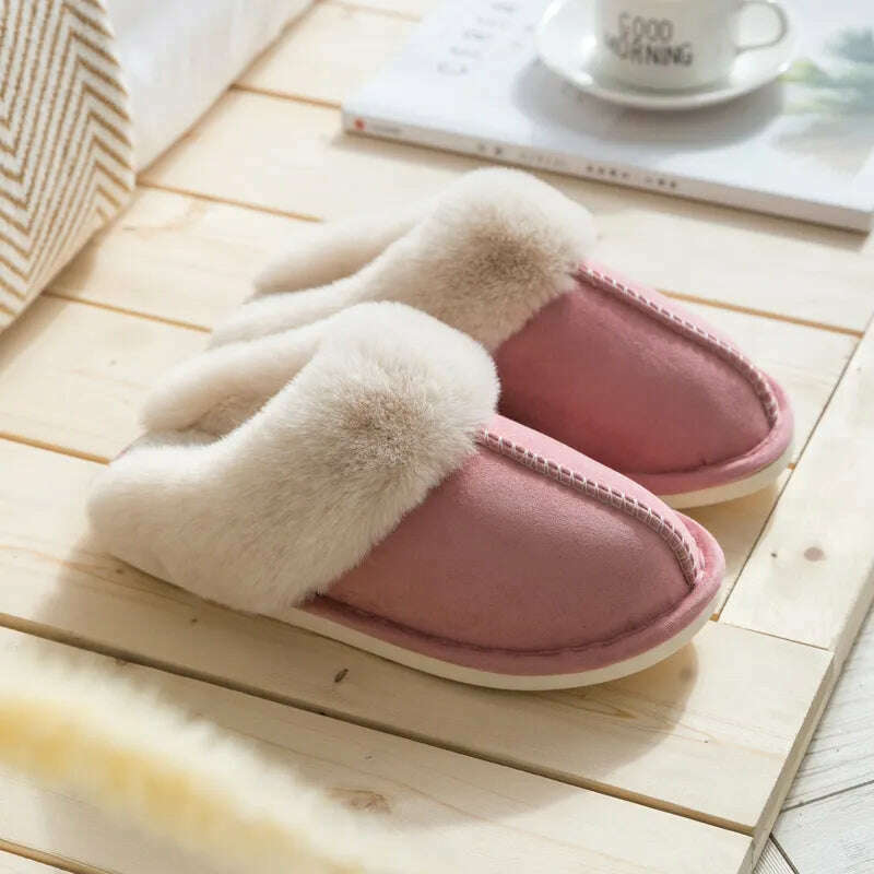 2023 Winter Warm Home Fur Slippers Women Luxury Faux Suede Plush Couple Cotton Shoes Indoor Bedroom Flat Heels Fluffy Slippers - KIMLUD