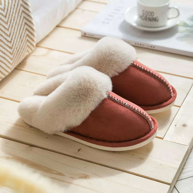 KIMLUD, 2023 Winter Warm Home Fur Slippers Women Luxury Faux Suede Plush Couple Cotton Shoes Indoor Bedroom Flat Heels Fluffy Slippers, Brick red / 40-41(fit 38-39), KIMLUD Womens Clothes