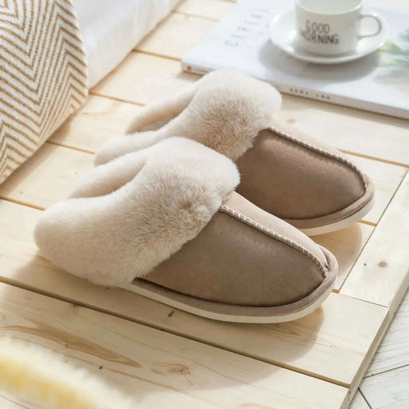 2023 Winter Warm Home Fur Slippers Women Luxury Faux Suede Plush Couple Cotton Shoes Indoor Bedroom Flat Heels Fluffy Slippers - KIMLUD