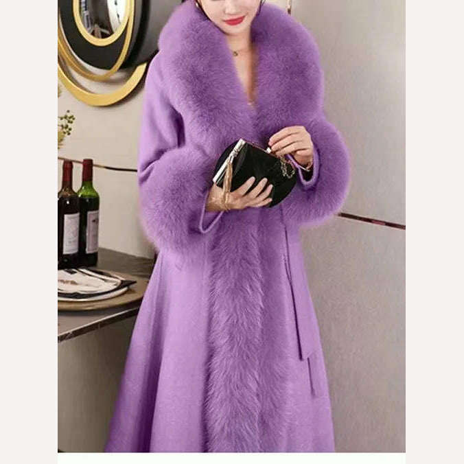 KIMLUD, 2023 Winter Women New Cashmere Coat Anti Fox Collar Fabric Plus Cotton Mid Length Coat Celebrity High Large Collar Faux Fur, KIMLUD Womens Clothes