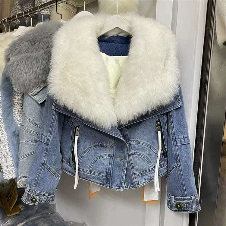 KIMLUD, 2023 Winter Women New Luxury Natural True Fox Fur Big Collar Goose Down Denim Down Jackets Short Warm Casual Jacket Coat, White Fox Collar / S, KIMLUD Womens Clothes
