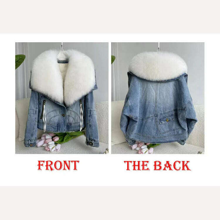 KIMLUD, 2023 Winter Women New Luxury Natural True Fox Fur Big Collar Goose Down Denim Down Jackets Short Warm Casual Jacket Coat, KIMLUD Womens Clothes