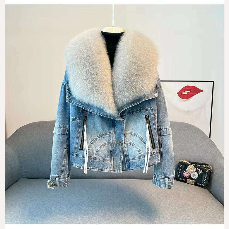 KIMLUD, 2023 Winter Women New Luxury Natural True Fox Fur Big Collar Goose Down Denim Down Jackets Short Warm Casual Jacket Coat, KIMLUD Womens Clothes