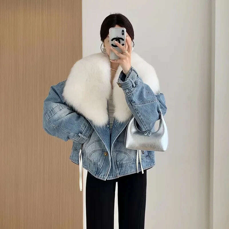 KIMLUD, 2023 Winter Women New Luxury Natural True Fox Fur Big Collar Goose Down Denim Down Jackets Short Warm Casual Jacket Coat, KIMLUD Womens Clothes