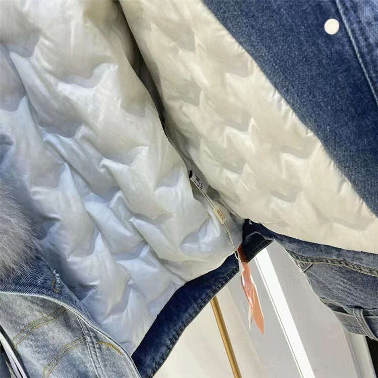 KIMLUD, 2023 Winter Women New Luxury Natural True Fox Fur Big Collar Goose Down Denim Down Jackets Short Warm Casual Jacket Coat, KIMLUD Womens Clothes
