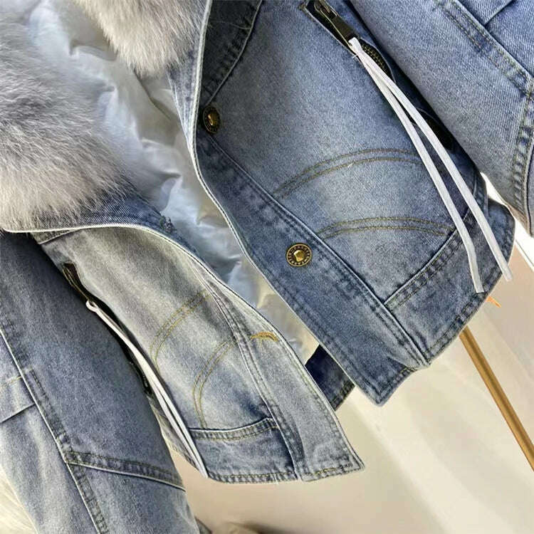 KIMLUD, 2023 Winter Women New Luxury Natural True Fox Fur Big Collar Goose Down Denim Down Jackets Short Warm Casual Jacket Coat, KIMLUD Womens Clothes