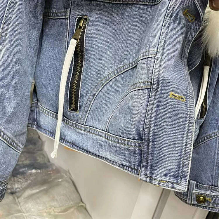 KIMLUD, 2023 Winter Women New Luxury Natural True Fox Fur Big Collar Goose Down Denim Down Jackets Short Warm Casual Jacket Coat, KIMLUD Womens Clothes