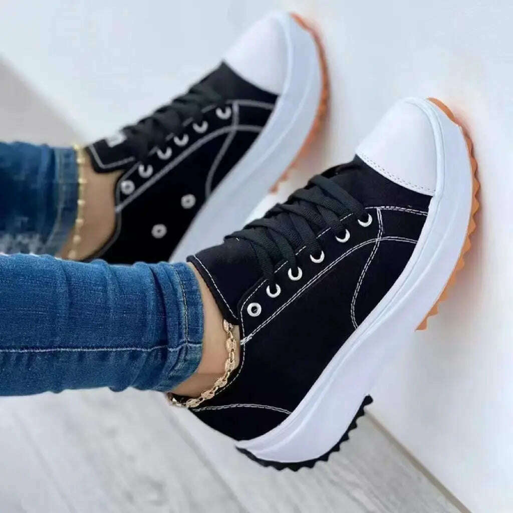 KIMLUD, 2023 Woman Platform Sneakers Women Casual Shoes Female Canvas Shoes Tennis Ladies Shoes Chunky Sneakers Lace Up Shoe Plus Size, Black / 35, KIMLUD Womens Clothes