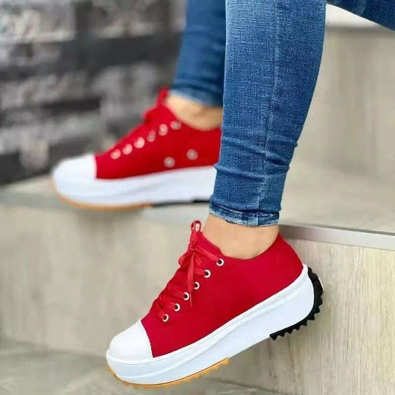 KIMLUD, 2023 Woman Platform Sneakers Women Casual Shoes Female Canvas Shoes Tennis Ladies Shoes Chunky Sneakers Lace Up Shoe Plus Size, Red / 35, KIMLUD Womens Clothes