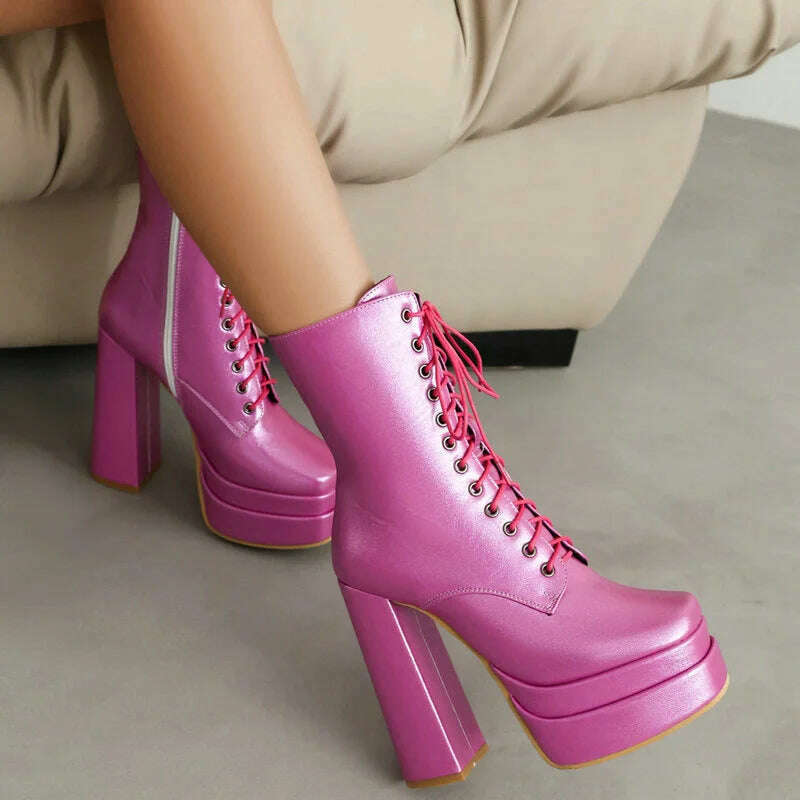 2023 Women Ankle Boots Platform Thick High Heel Ladies Short Boots PU Leather Fashion Square Toe Zipper Women's Boots Big Size - KIMLUD
