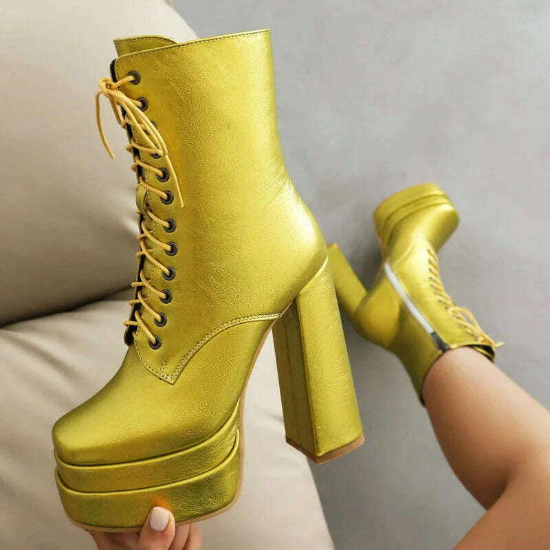 2023 Women Ankle Boots Platform Thick High Heel Ladies Short Boots PU Leather Fashion Square Toe Zipper Women's Boots Big Size - KIMLUD