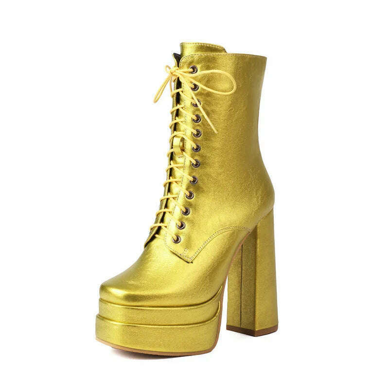 2023 Women Ankle Boots Platform Thick High Heel Ladies Short Boots PU Leather Fashion Square Toe Zipper Women's Boots Big Size - KIMLUD